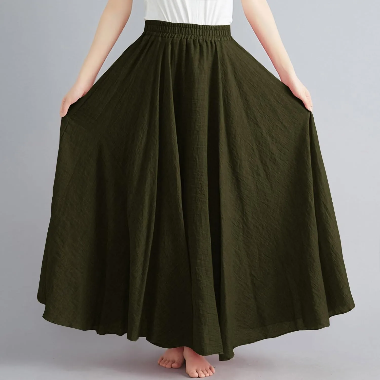 Women's Bohemian Style Elastic Waist Band Linen Long Maxi Skirt Dress Casual Summer Baggy A-Line Flowy Swing Skirts