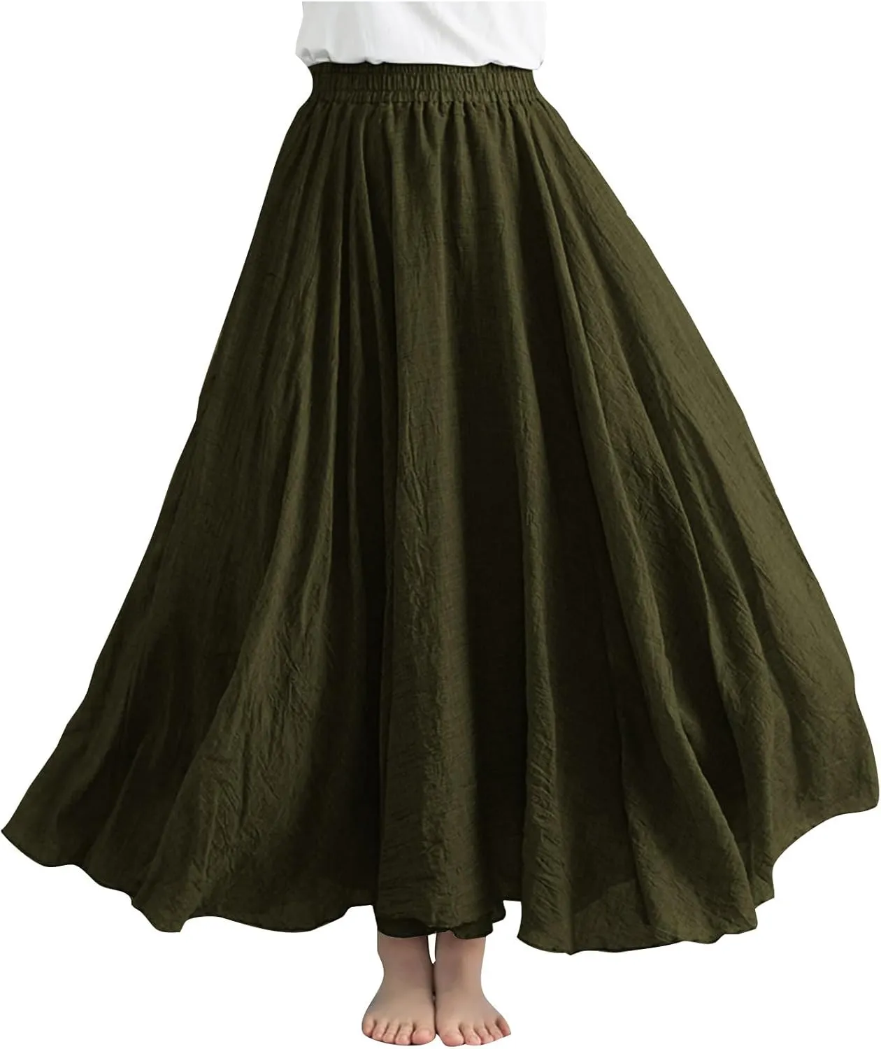 Women's Bohemian Style Elastic Waist Band Linen Long Maxi Skirt Dress Casual Summer Baggy A-Line Flowy Swing Skirts