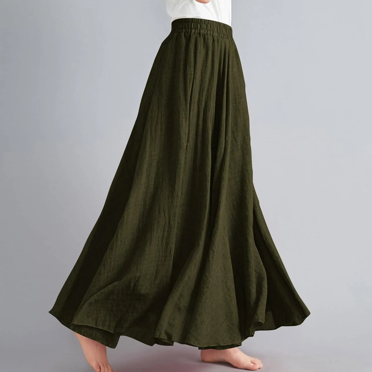 Women's Bohemian Style Elastic Waist Band Linen Long Maxi Skirt Dress Casual Summer Baggy A-Line Flowy Swing Skirts