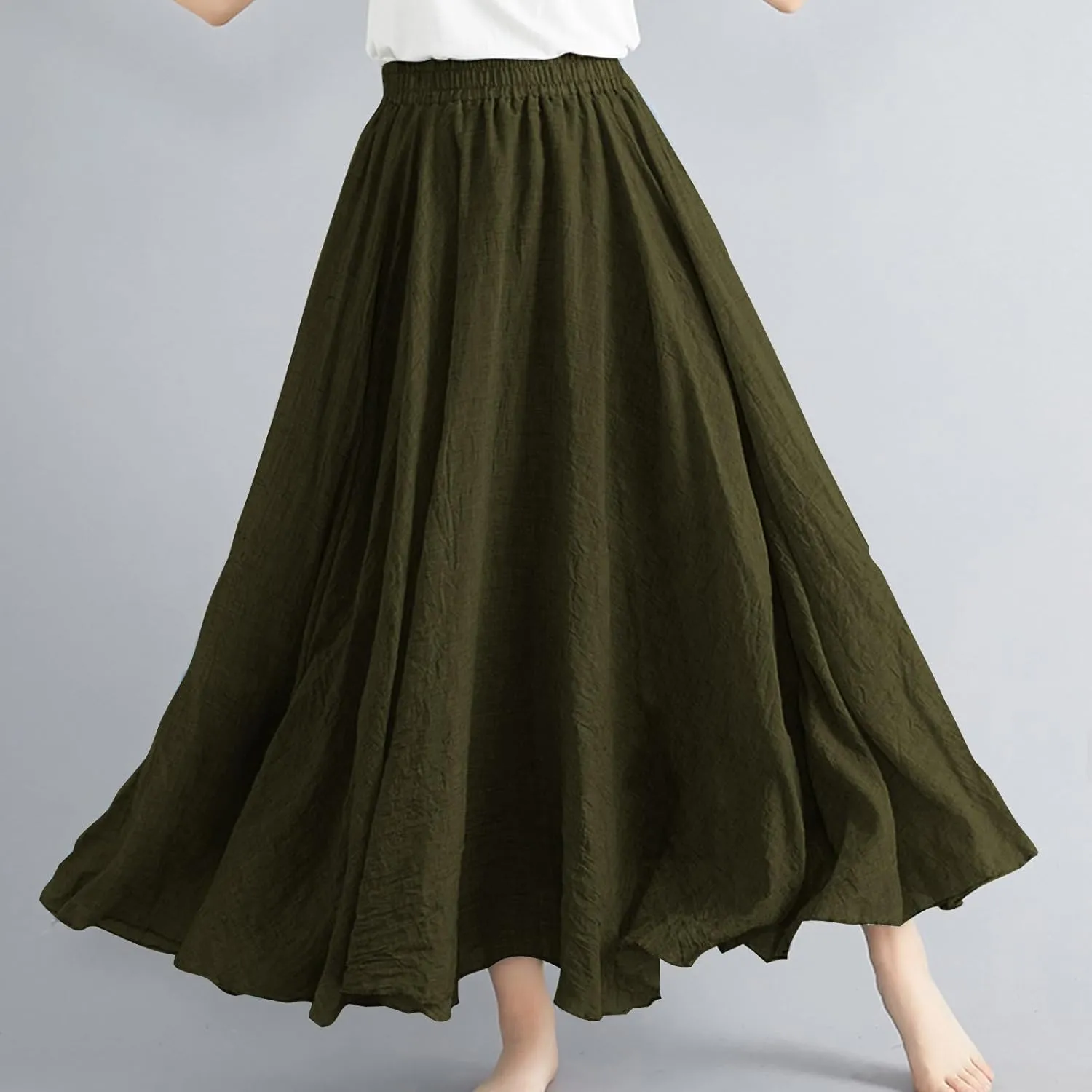 Women's Bohemian Style Elastic Waist Band Linen Long Maxi Skirt Dress Casual Summer Baggy A-Line Flowy Swing Skirts