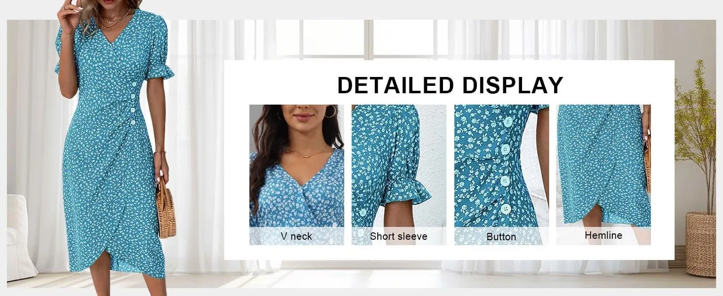 Womens Boho Floral Dresses V Neck Puff Short Sleeve Colorful Graphic Print Asymmetric Midi Dress Summer 2025