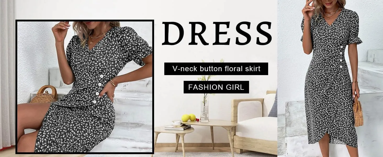 Womens Boho Floral Dresses V Neck Puff Short Sleeve Colorful Graphic Print Asymmetric Midi Dress Summer 2025