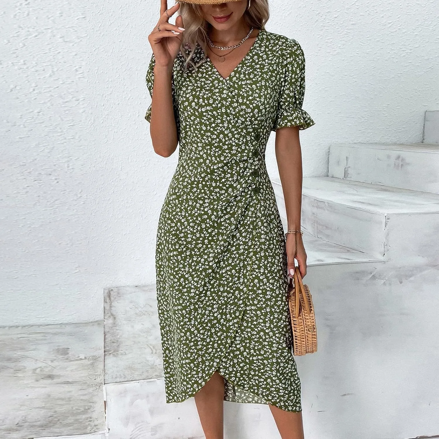 Womens Boho Floral Dresses V Neck Puff Short Sleeve Colorful Graphic Print Asymmetric Midi Dress Summer 2025