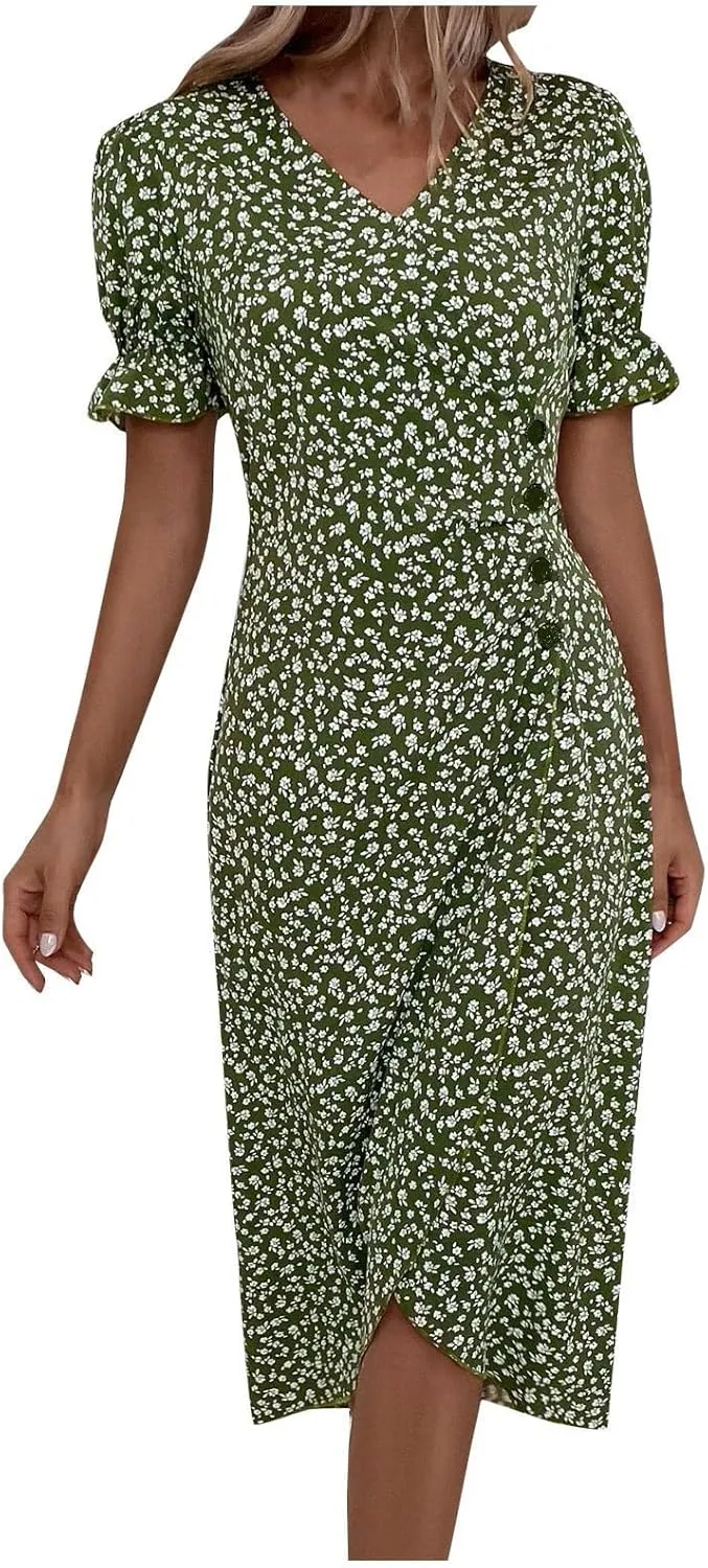 Womens Boho Floral Dresses V Neck Puff Short Sleeve Colorful Graphic Print Asymmetric Midi Dress Summer 2025