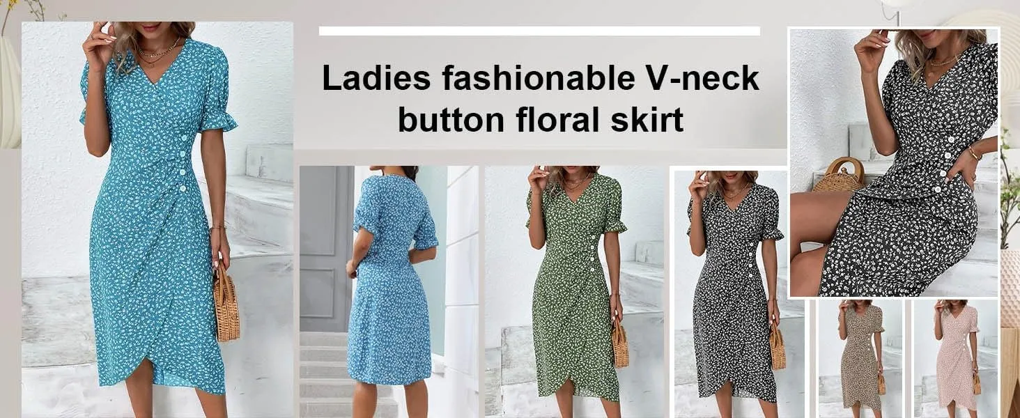 Womens Boho Floral Dresses V Neck Puff Short Sleeve Colorful Graphic Print Asymmetric Midi Dress Summer 2025