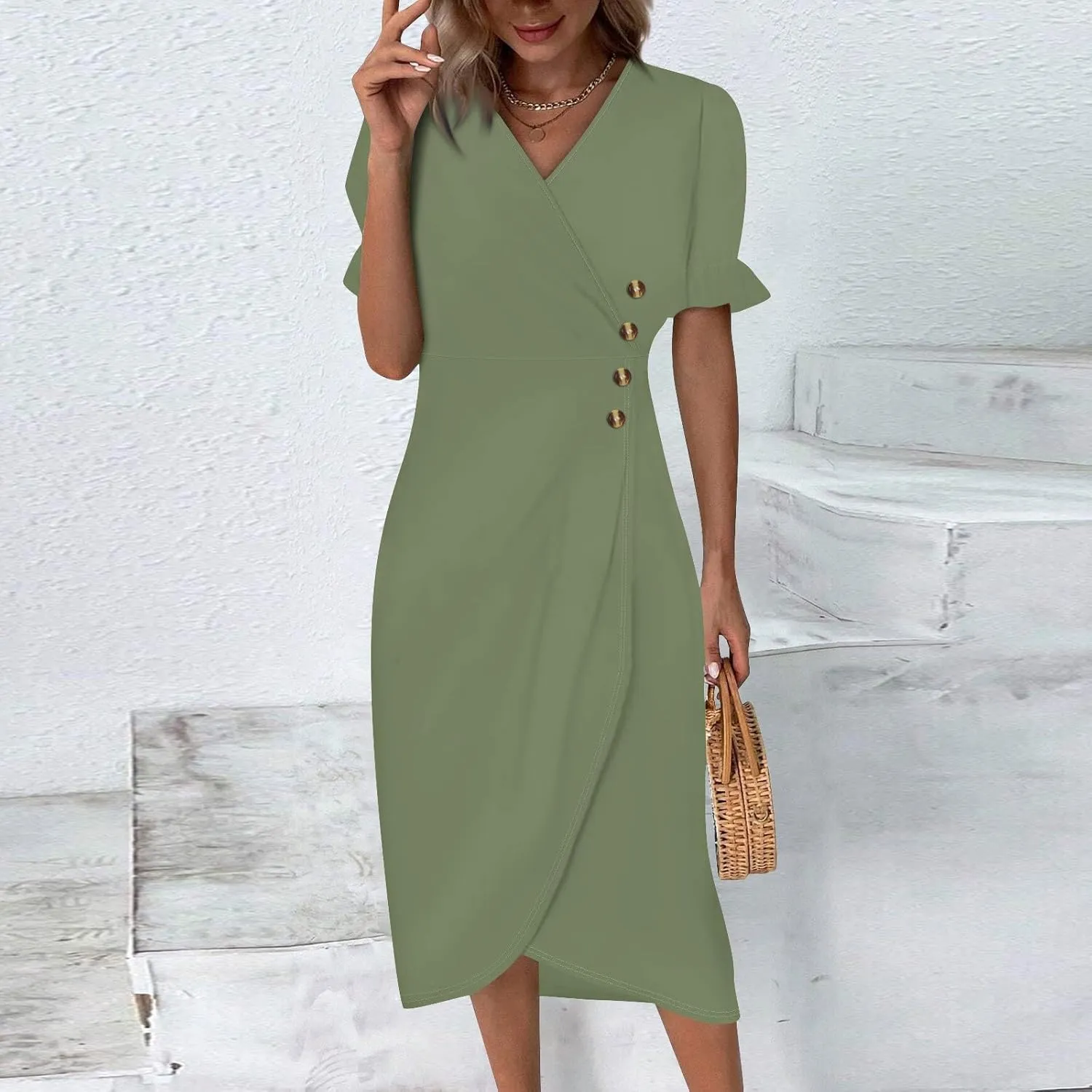 Womens Boho Floral Dresses V Neck Puff Short Sleeve Colorful Graphic Print Asymmetric Midi Dress Summer 2025