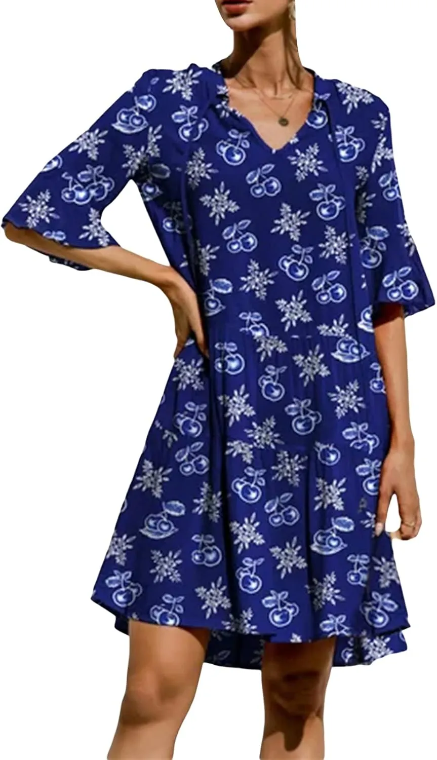 Womens Boho Summer Dresses Flowy Midi Dress Floral Ruffle Mid Sleeve Tiered Beach Casual Sundresses