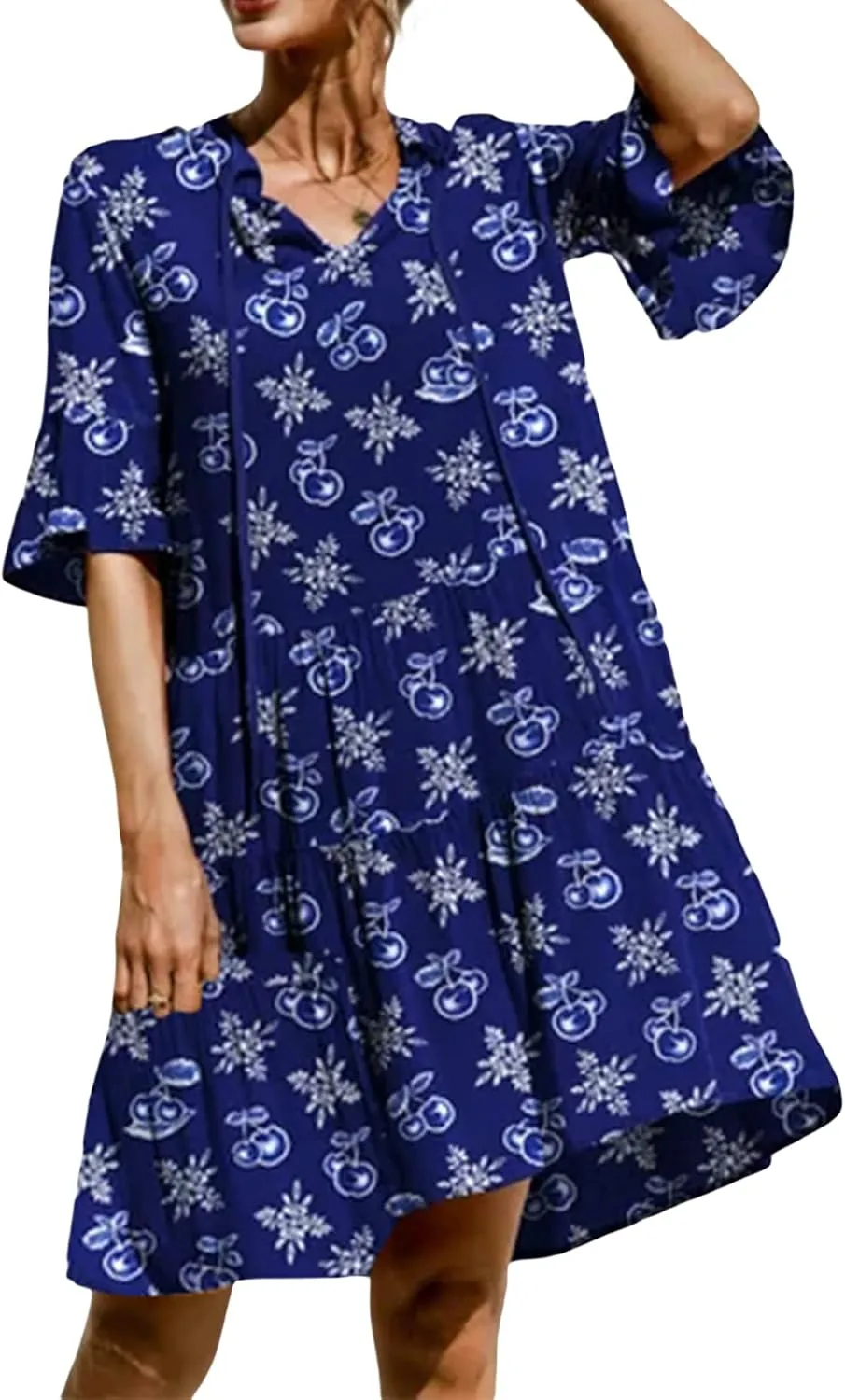 Womens Boho Summer Dresses Flowy Midi Dress Floral Ruffle Mid Sleeve Tiered Beach Casual Sundresses