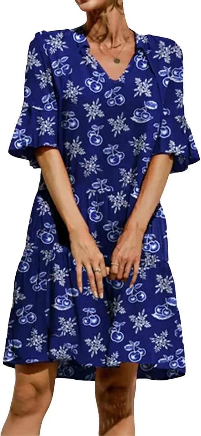 Womens Boho Summer Dresses Flowy Midi Dress Floral Ruffle Mid Sleeve Tiered Beach Casual Sundresses