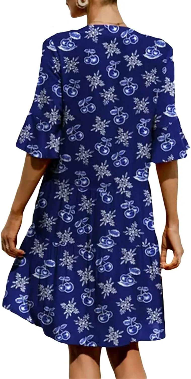 Womens Boho Summer Dresses Flowy Midi Dress Floral Ruffle Mid Sleeve Tiered Beach Casual Sundresses