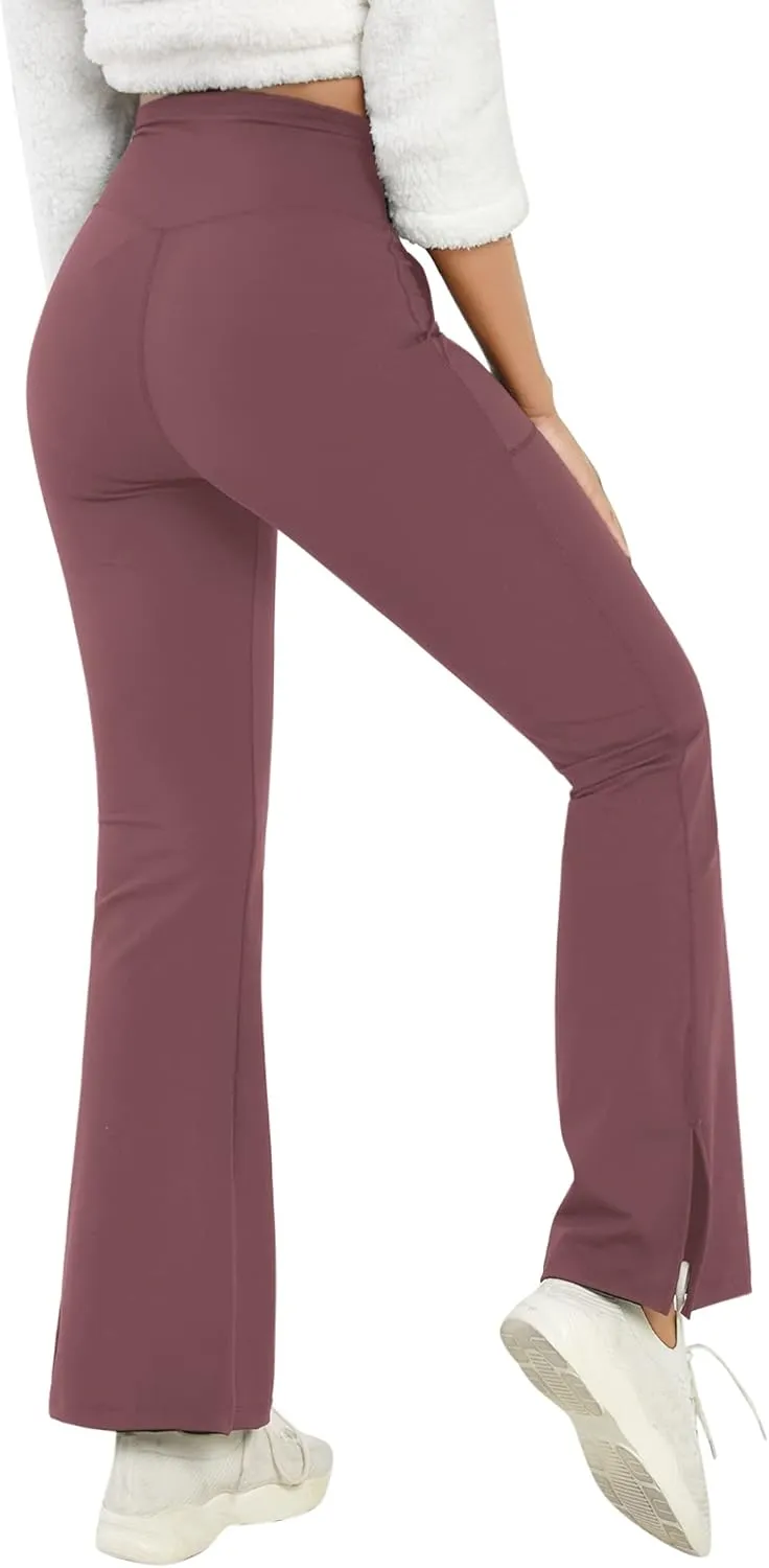 Women's Bootcut Yoga Pants Work Pants Crossover Split Hem Full Length Flare Leggings with Pocket