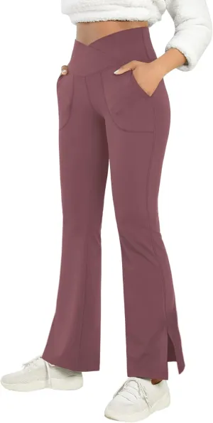 Women's Bootcut Yoga Pants Work Pants Crossover Split Hem Full Length Flare Leggings with Pocket