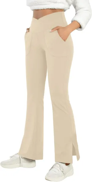 Women's Bootcut Yoga Pants Work Pants Crossover Split Hem Full Length Flare Leggings with Pocket
