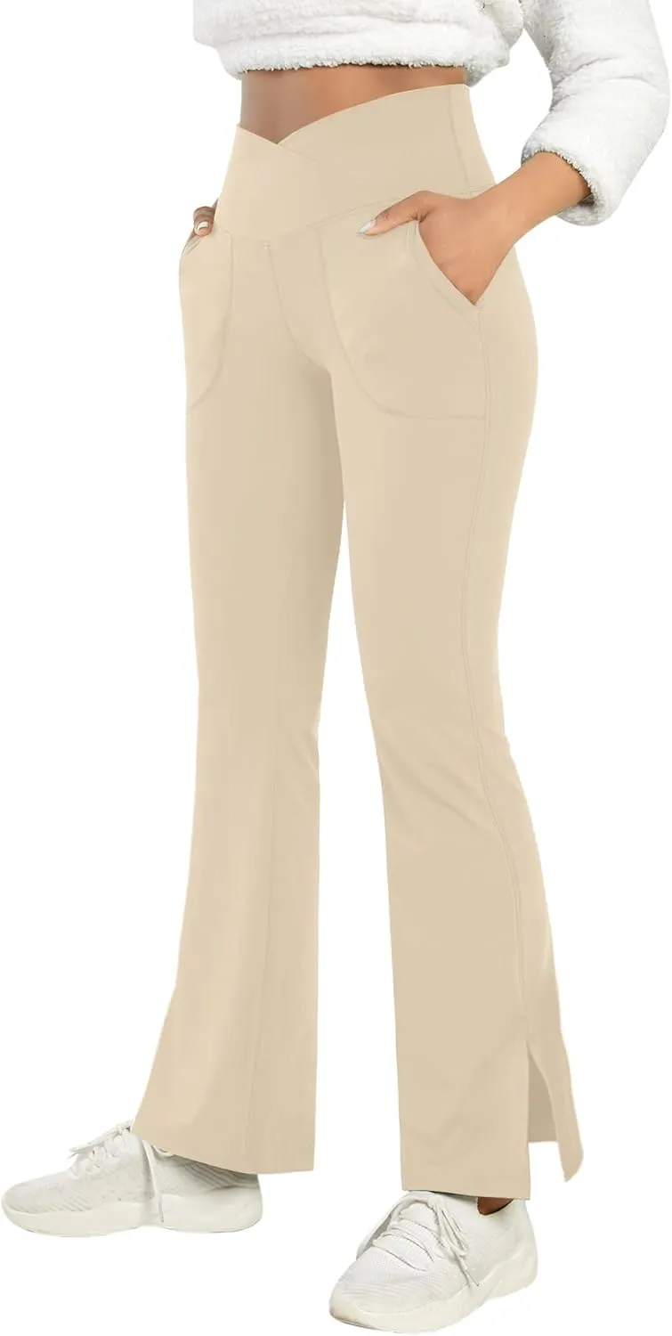 Women's Bootcut Yoga Pants Work Pants Crossover Split Hem Full Length Flare Leggings with Pocket
