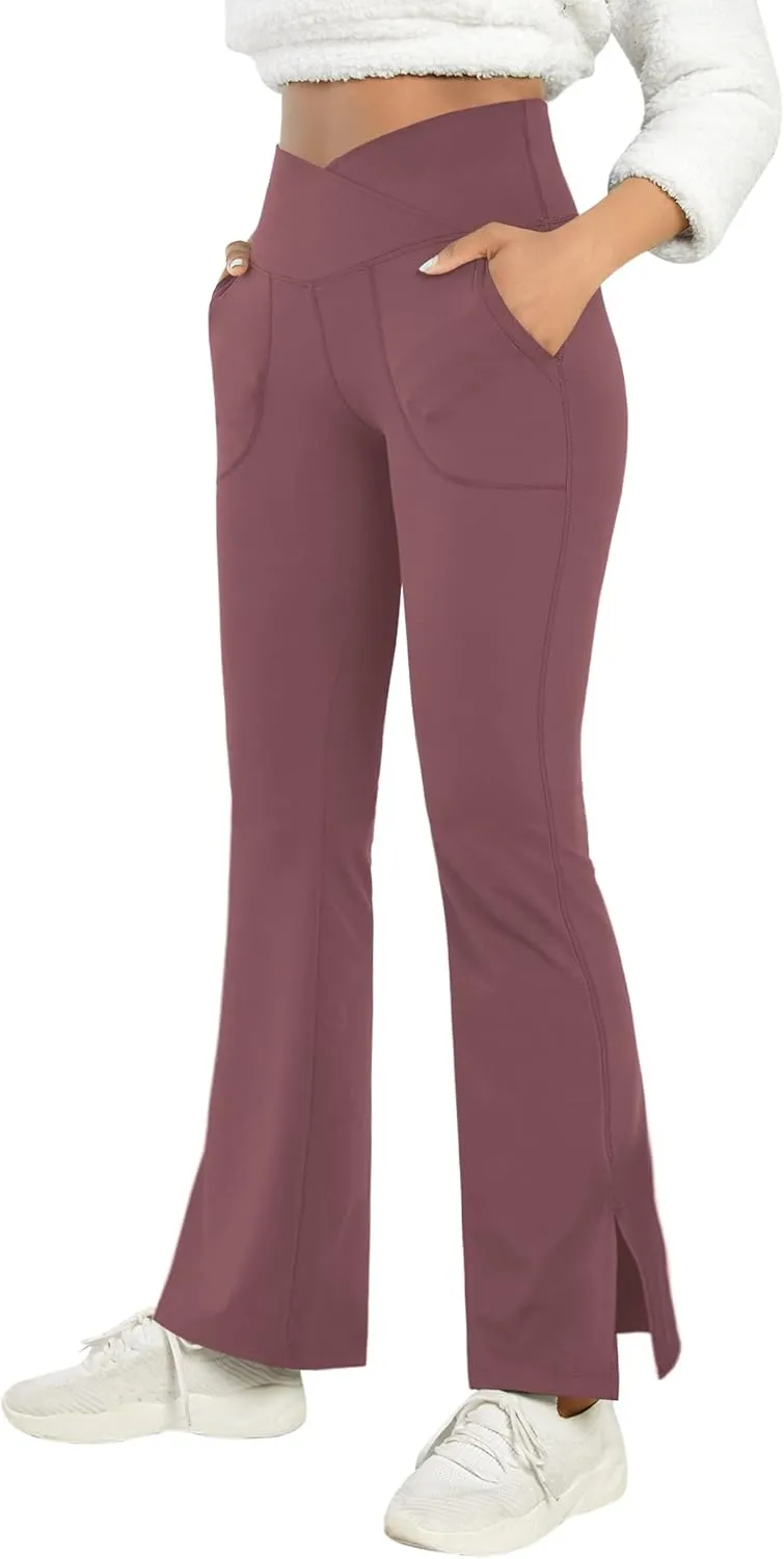 Women's Bootcut Yoga Pants Work Pants Crossover Split Hem Full Length Flare Leggings with Pocket
