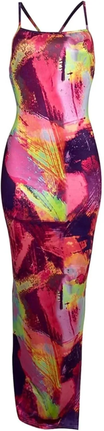 Women's Casual Dress Sleeveless Sexy Vintage Floral Stripe Tie Dye Sundress Beach Boho Bodycon Maxi Long Dress