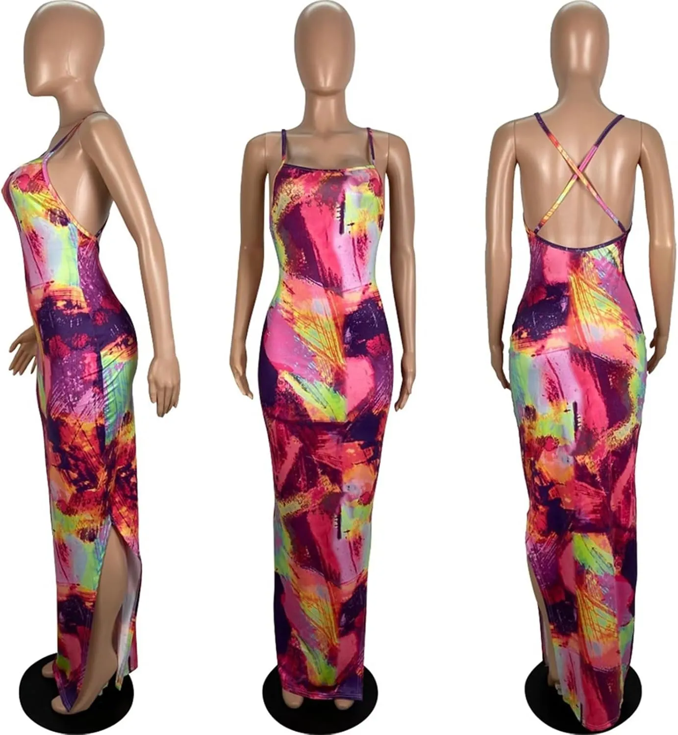 Women's Casual Dress Sleeveless Sexy Vintage Floral Stripe Tie Dye Sundress Beach Boho Bodycon Maxi Long Dress