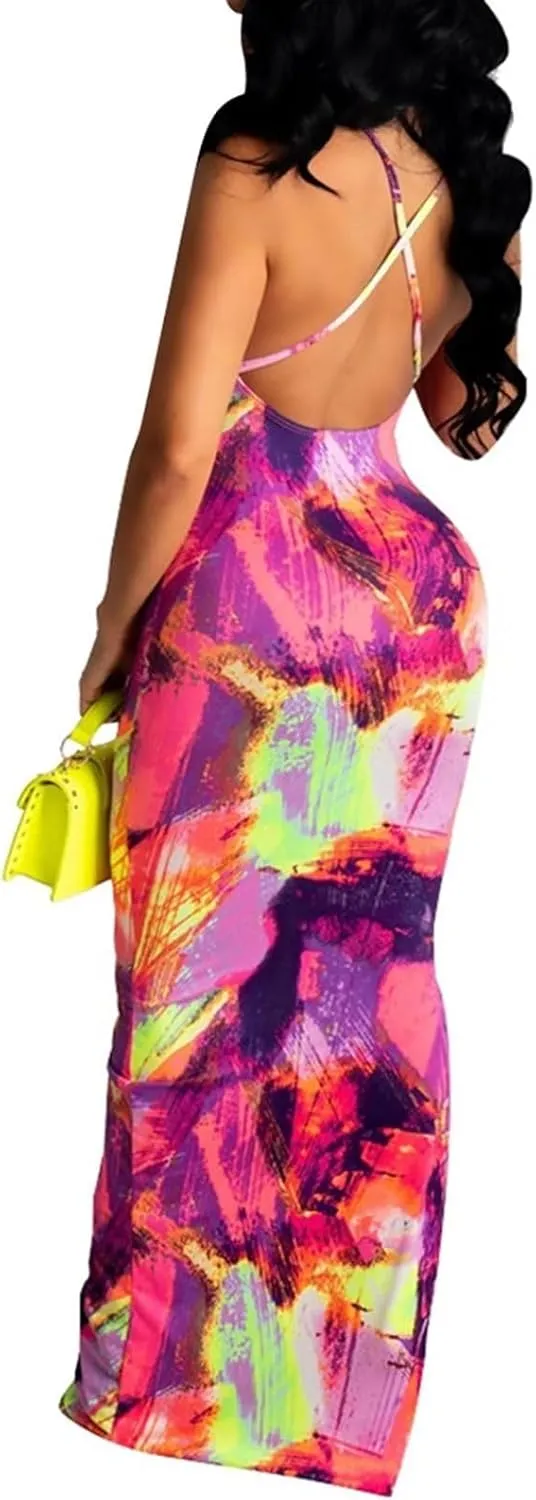 Women's Casual Dress Sleeveless Sexy Vintage Floral Stripe Tie Dye Sundress Beach Boho Bodycon Maxi Long Dress