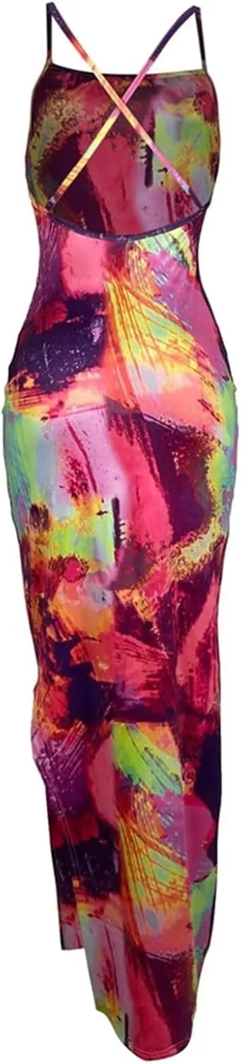 Women's Casual Dress Sleeveless Sexy Vintage Floral Stripe Tie Dye Sundress Beach Boho Bodycon Maxi Long Dress
