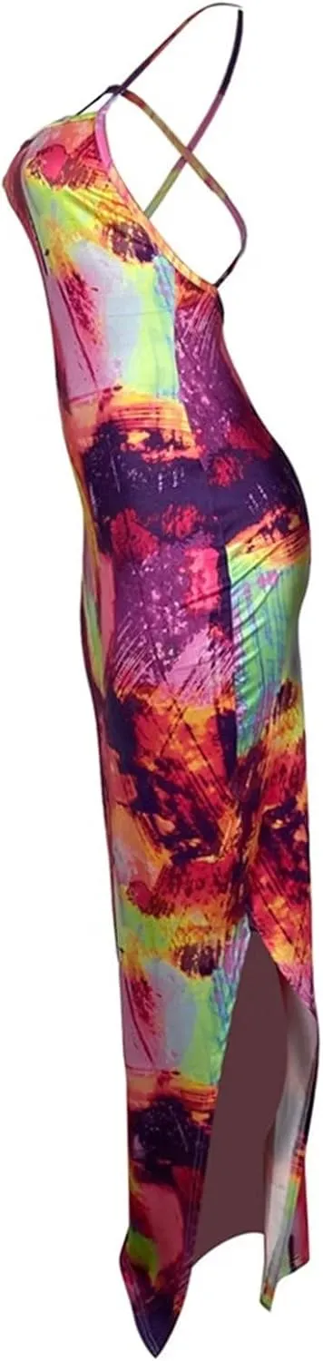 Women's Casual Dress Sleeveless Sexy Vintage Floral Stripe Tie Dye Sundress Beach Boho Bodycon Maxi Long Dress