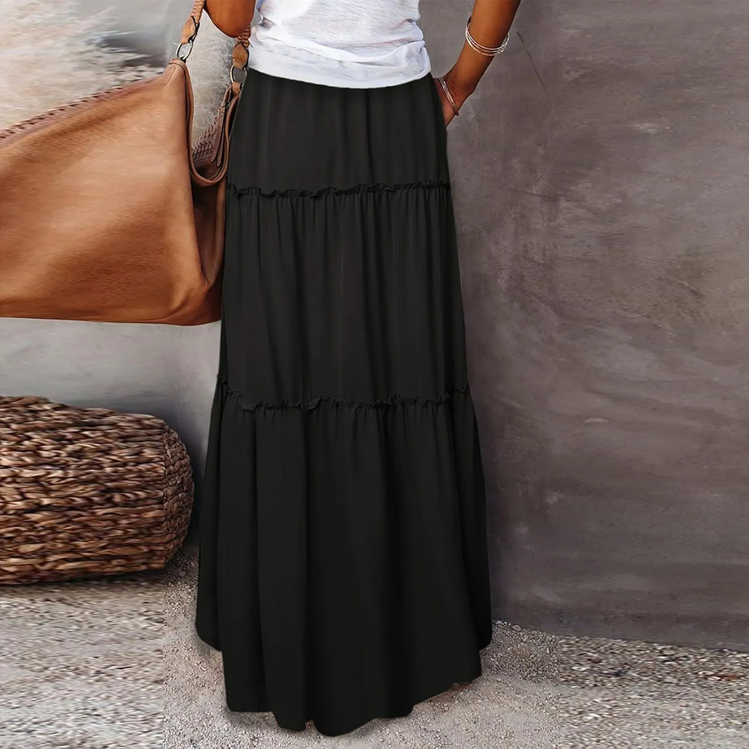 Womens Casual High Waist Tie Paisley Print Long Maxi Skirt Elastic Skirts A-Line Flowy Swing Pleated Skirts with Pockets