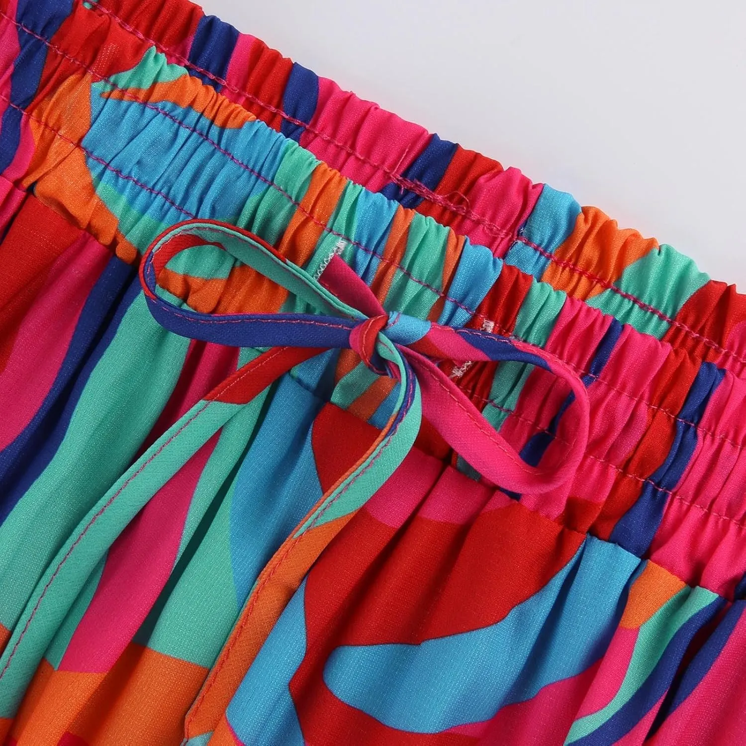 Womens Casual High Waist Tie Paisley Print Long Maxi Skirt Elastic Skirts A-Line Flowy Swing Pleated Skirts with Pockets