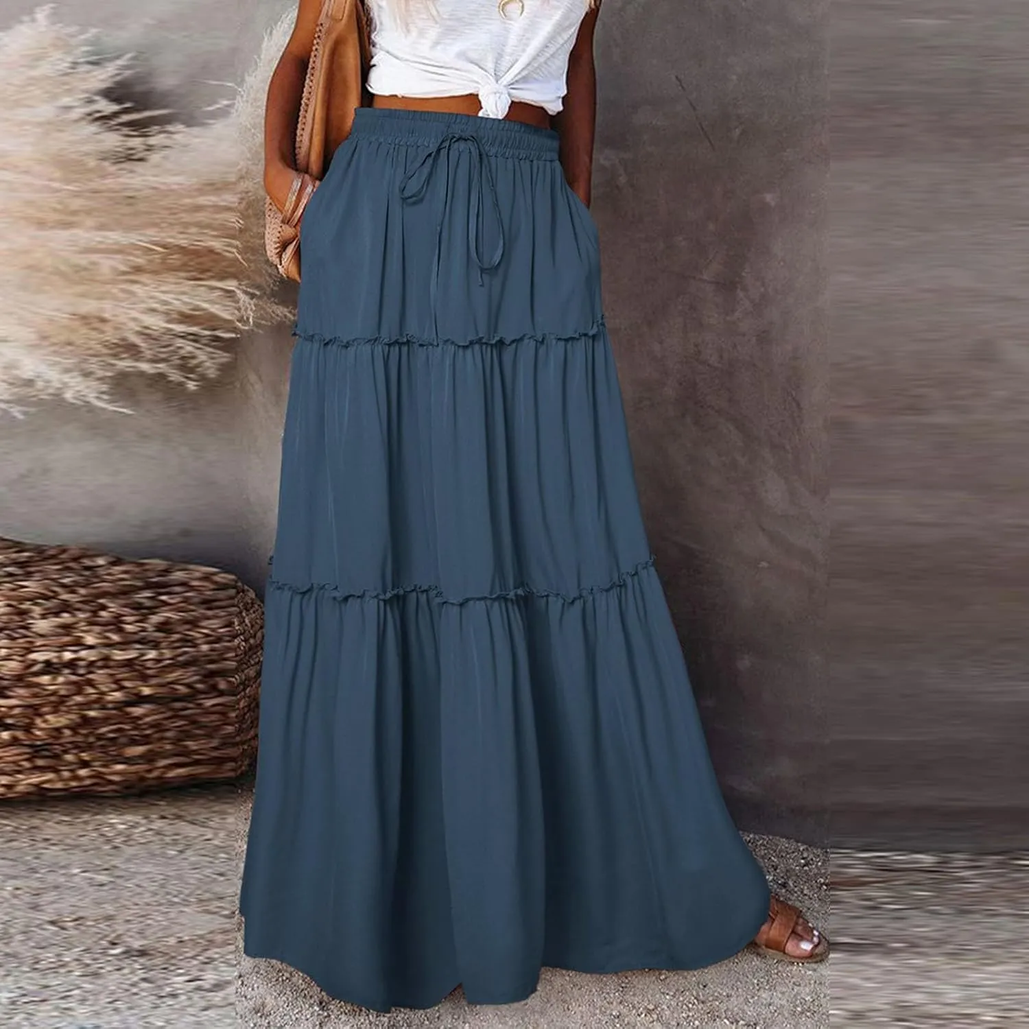 Womens Casual High Waist Tie Paisley Print Long Maxi Skirt Elastic Skirts A-Line Flowy Swing Pleated Skirts with Pockets