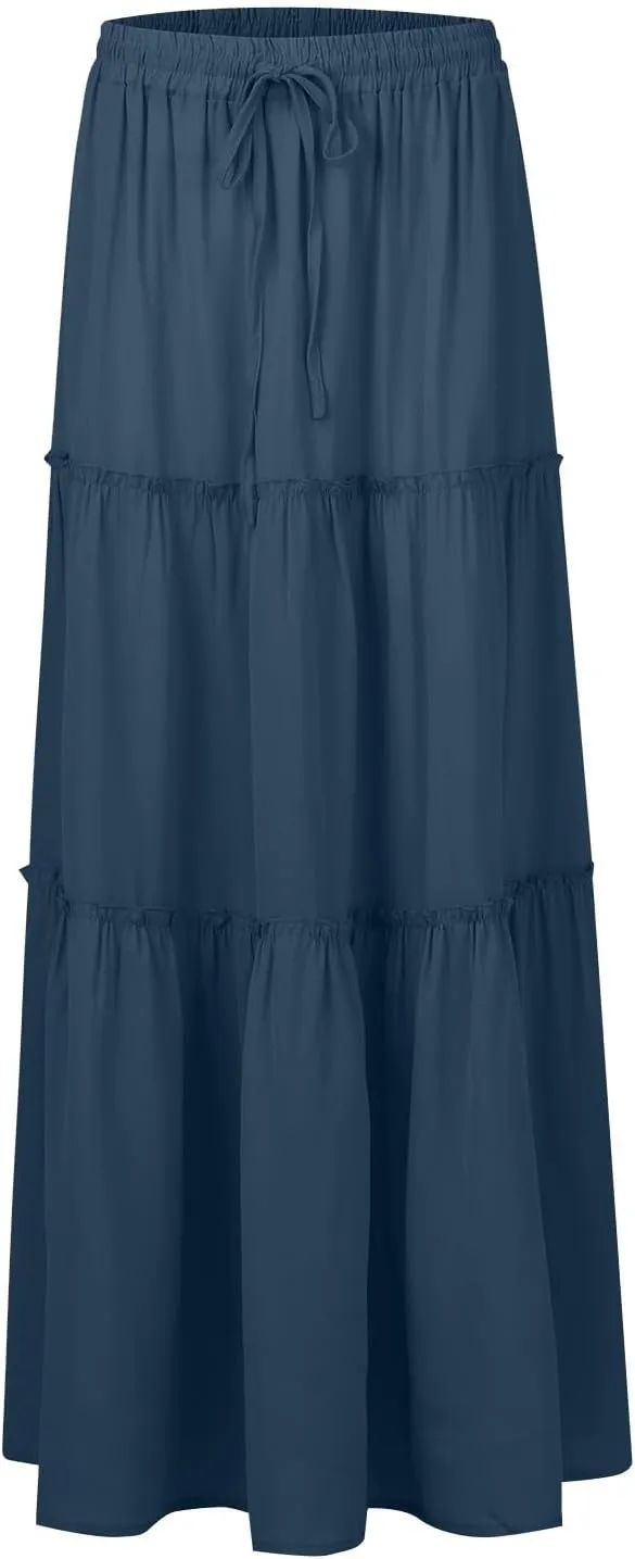 Womens Casual High Waist Tie Paisley Print Long Maxi Skirt Elastic Skirts A-Line Flowy Swing Pleated Skirts with Pockets