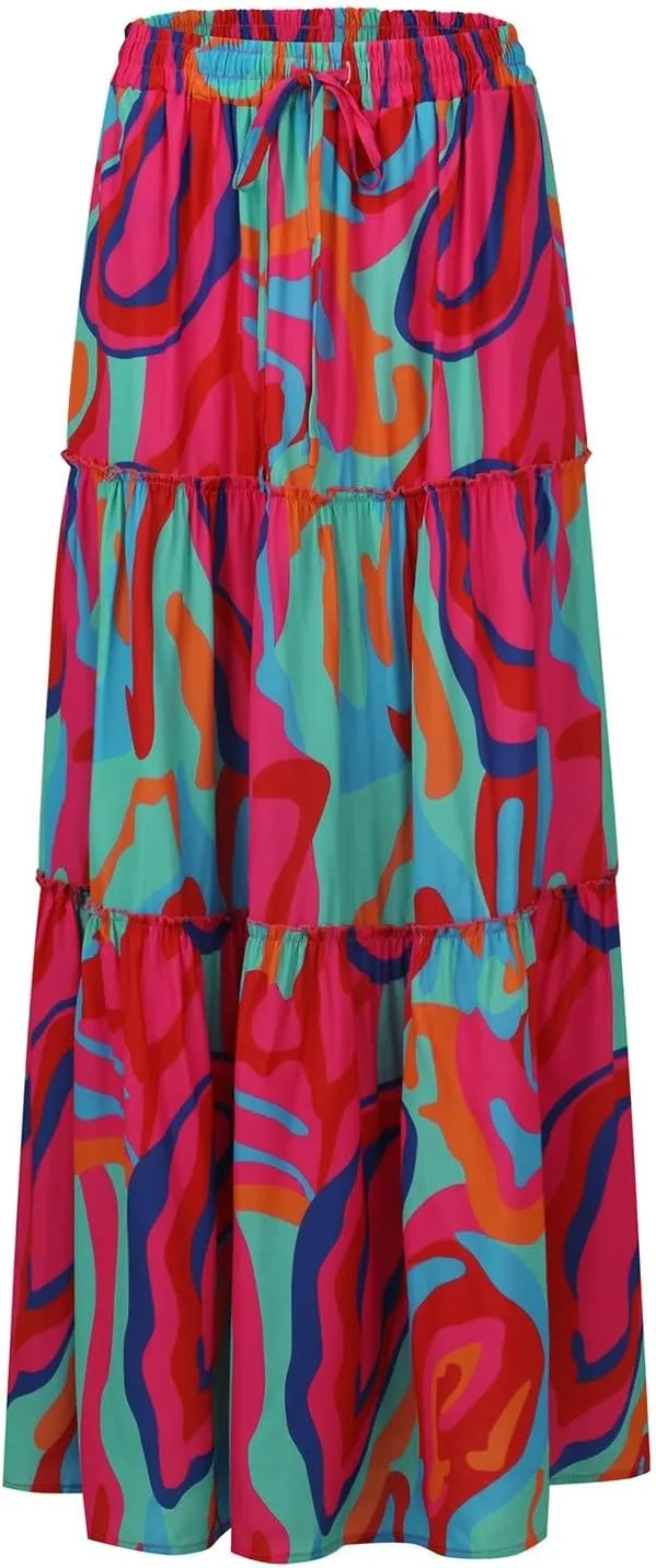 Womens Casual High Waist Tie Paisley Print Long Maxi Skirt Elastic Skirts A-Line Flowy Swing Pleated Skirts with Pockets