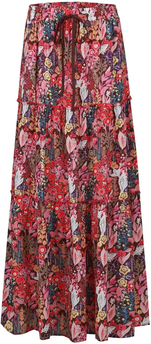 Womens Casual High Waist Tie Paisley Print Long Maxi Skirt Elastic Skirts A-Line Flowy Swing Pleated Skirts with Pockets