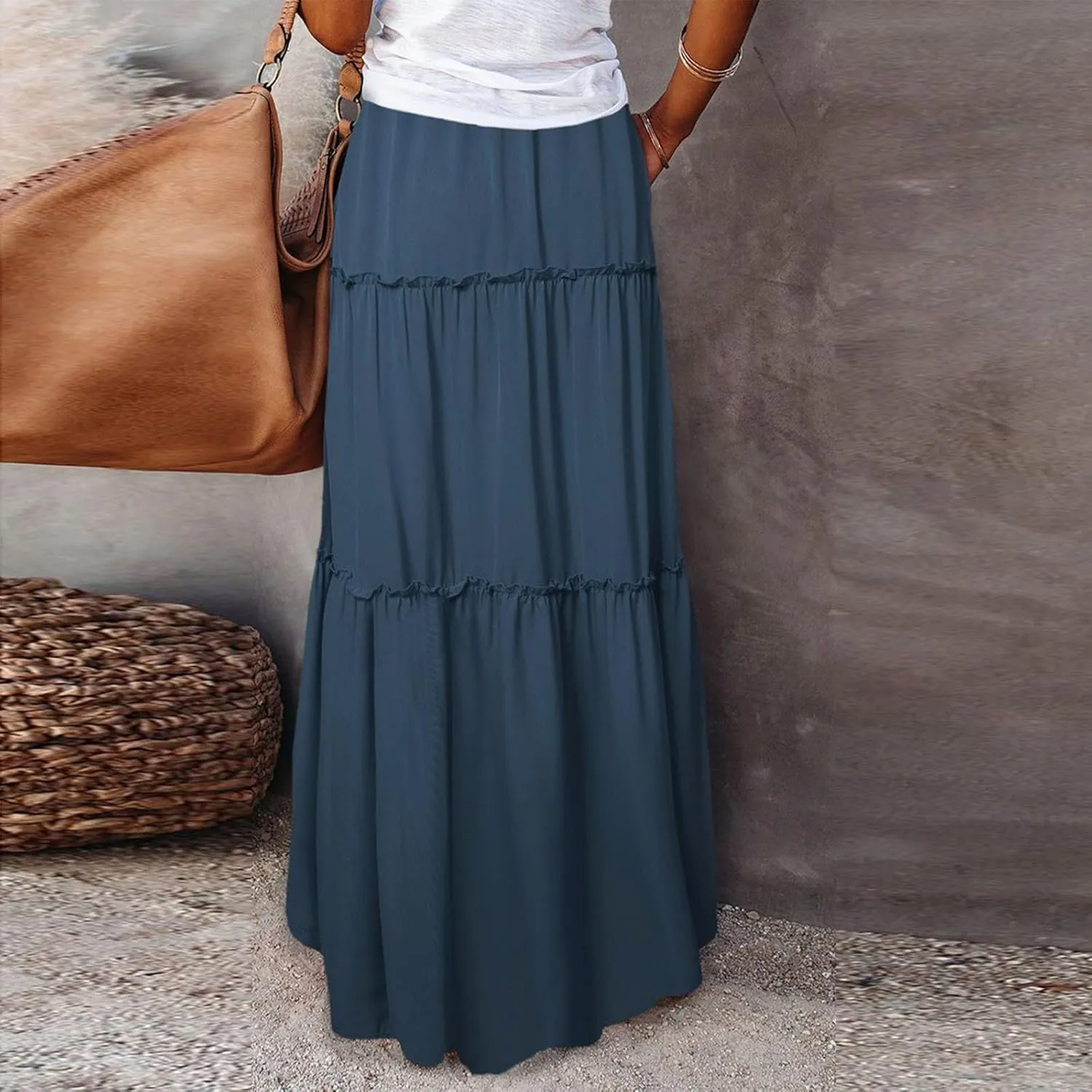 Womens Casual High Waist Tie Paisley Print Long Maxi Skirt Elastic Skirts A-Line Flowy Swing Pleated Skirts with Pockets