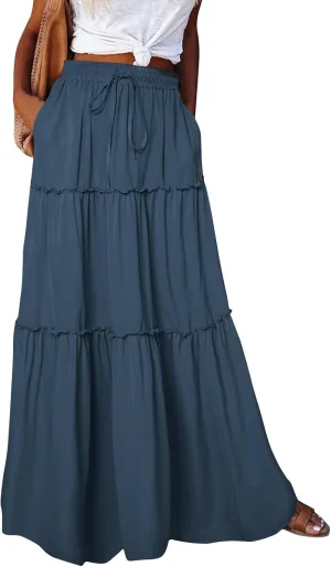 Womens Casual High Waist Tie Paisley Print Long Maxi Skirt Elastic Skirts A-Line Flowy Swing Pleated Skirts with Pockets