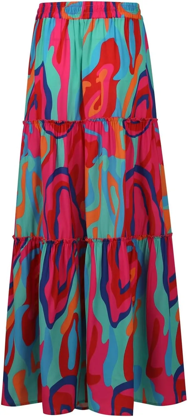 Womens Casual High Waist Tie Paisley Print Long Maxi Skirt Elastic Skirts A-Line Flowy Swing Pleated Skirts with Pockets