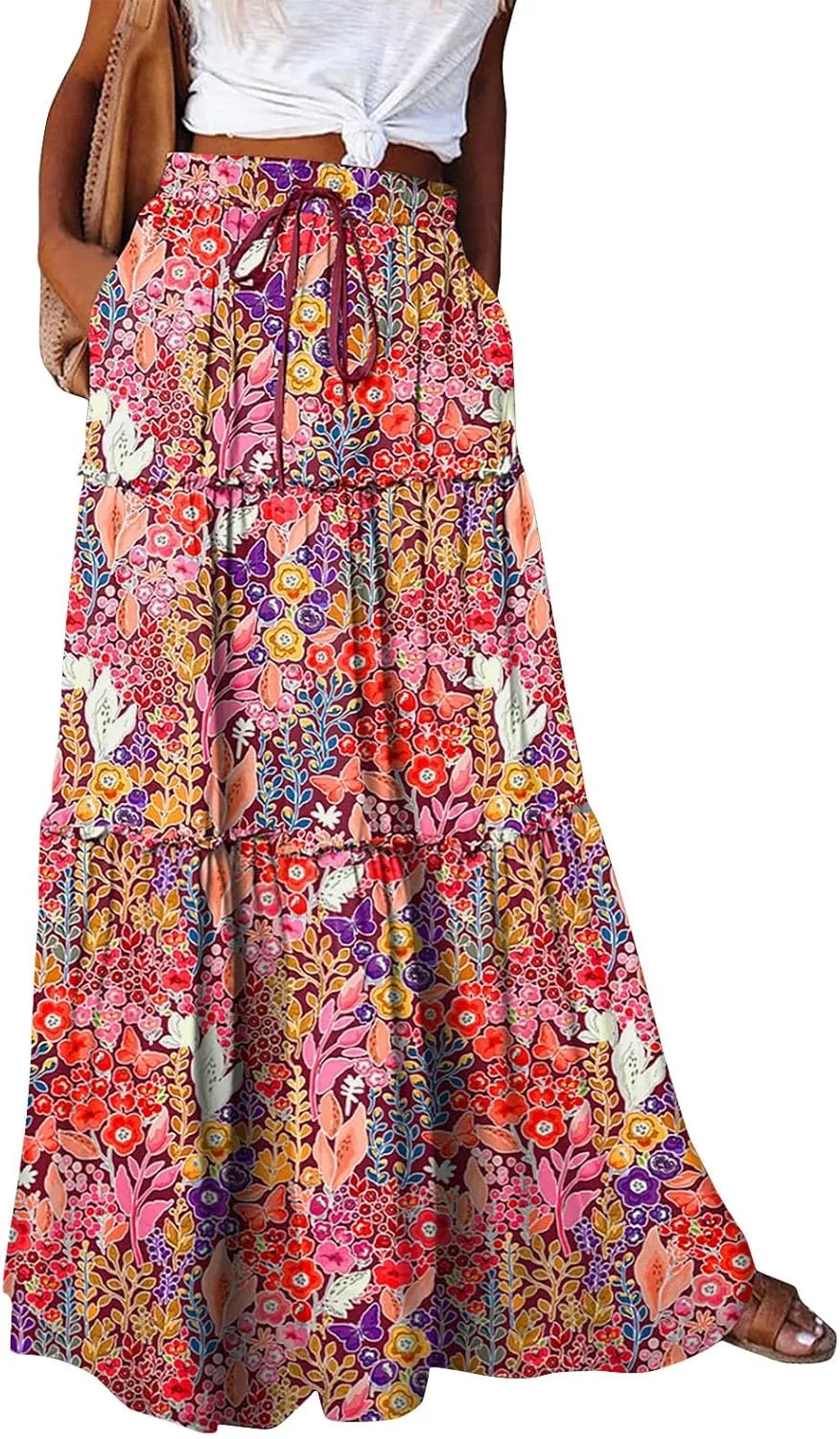 Womens Casual High Waist Tie Paisley Print Long Maxi Skirt Elastic Skirts A-Line Flowy Swing Pleated Skirts with Pockets