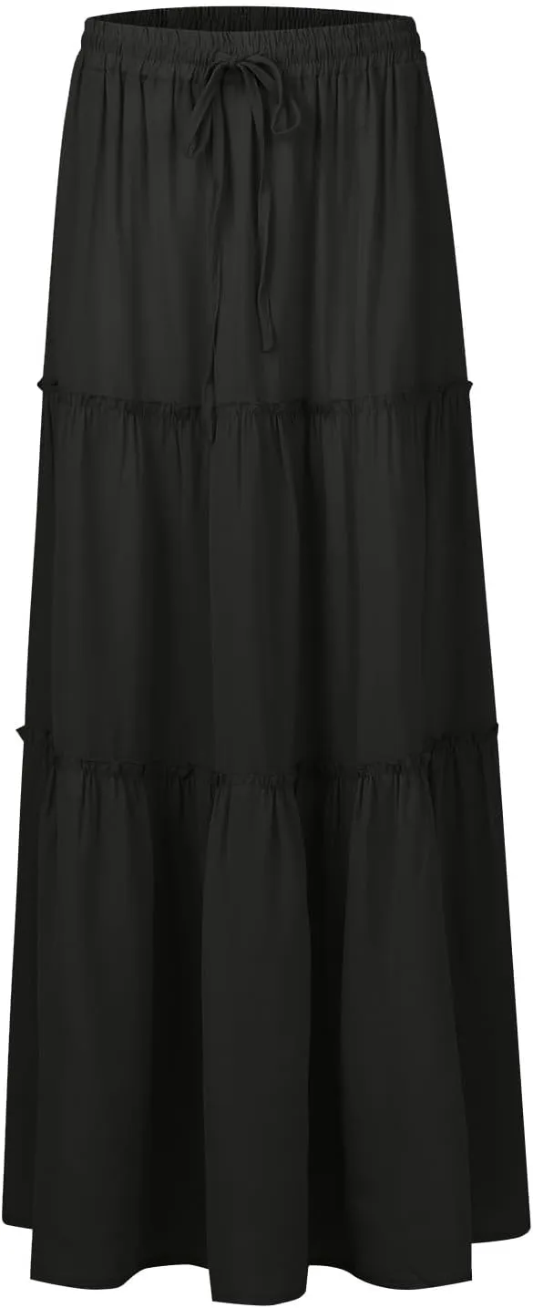 Womens Casual High Waist Tie Paisley Print Long Maxi Skirt Elastic Skirts A-Line Flowy Swing Pleated Skirts with Pockets