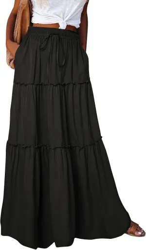 Womens Casual High Waist Tie Paisley Print Long Maxi Skirt Elastic Skirts A-Line Flowy Swing Pleated Skirts with Pockets