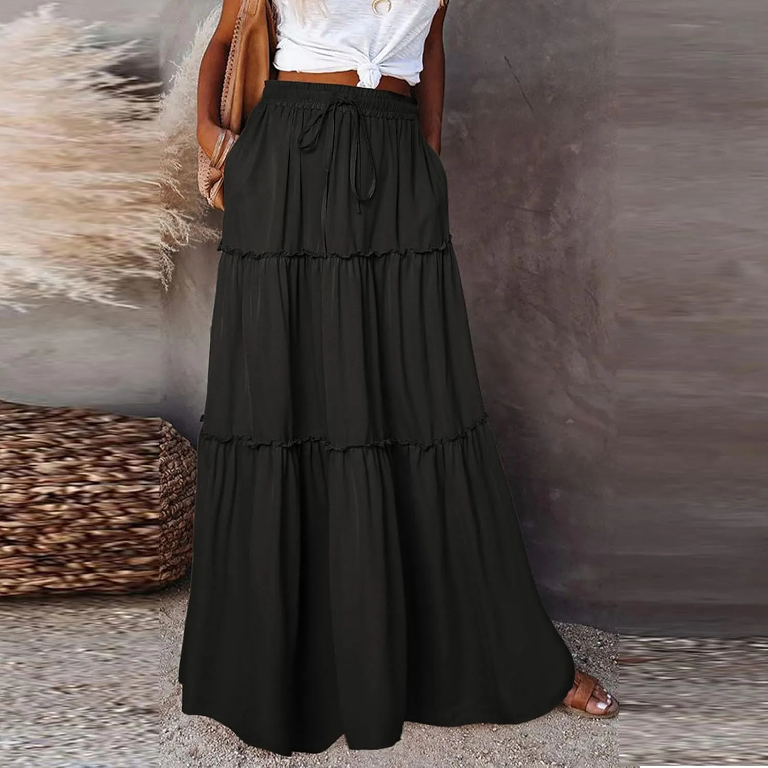 Womens Casual High Waist Tie Paisley Print Long Maxi Skirt Elastic Skirts A-Line Flowy Swing Pleated Skirts with Pockets