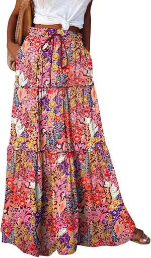 Womens Casual High Waist Tie Paisley Print Long Maxi Skirt Elastic Skirts A-Line Flowy Swing Pleated Skirts with Pockets