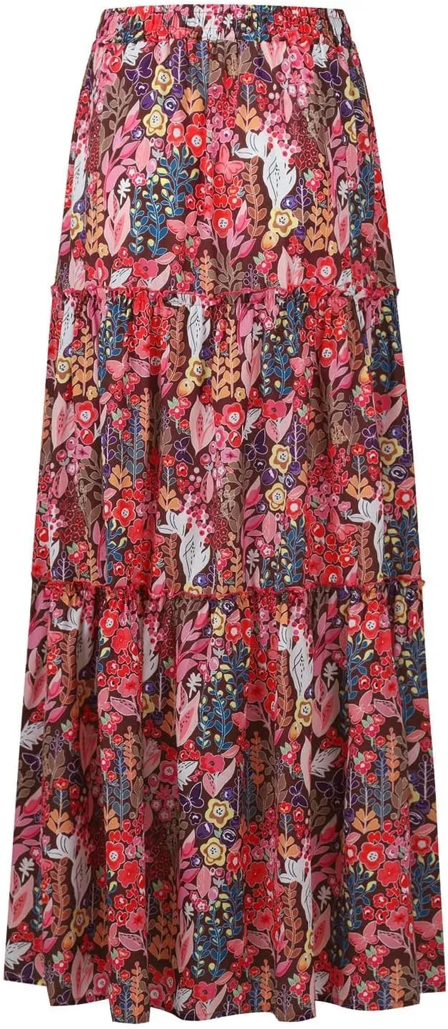 Womens Casual High Waist Tie Paisley Print Long Maxi Skirt Elastic Skirts A-Line Flowy Swing Pleated Skirts with Pockets