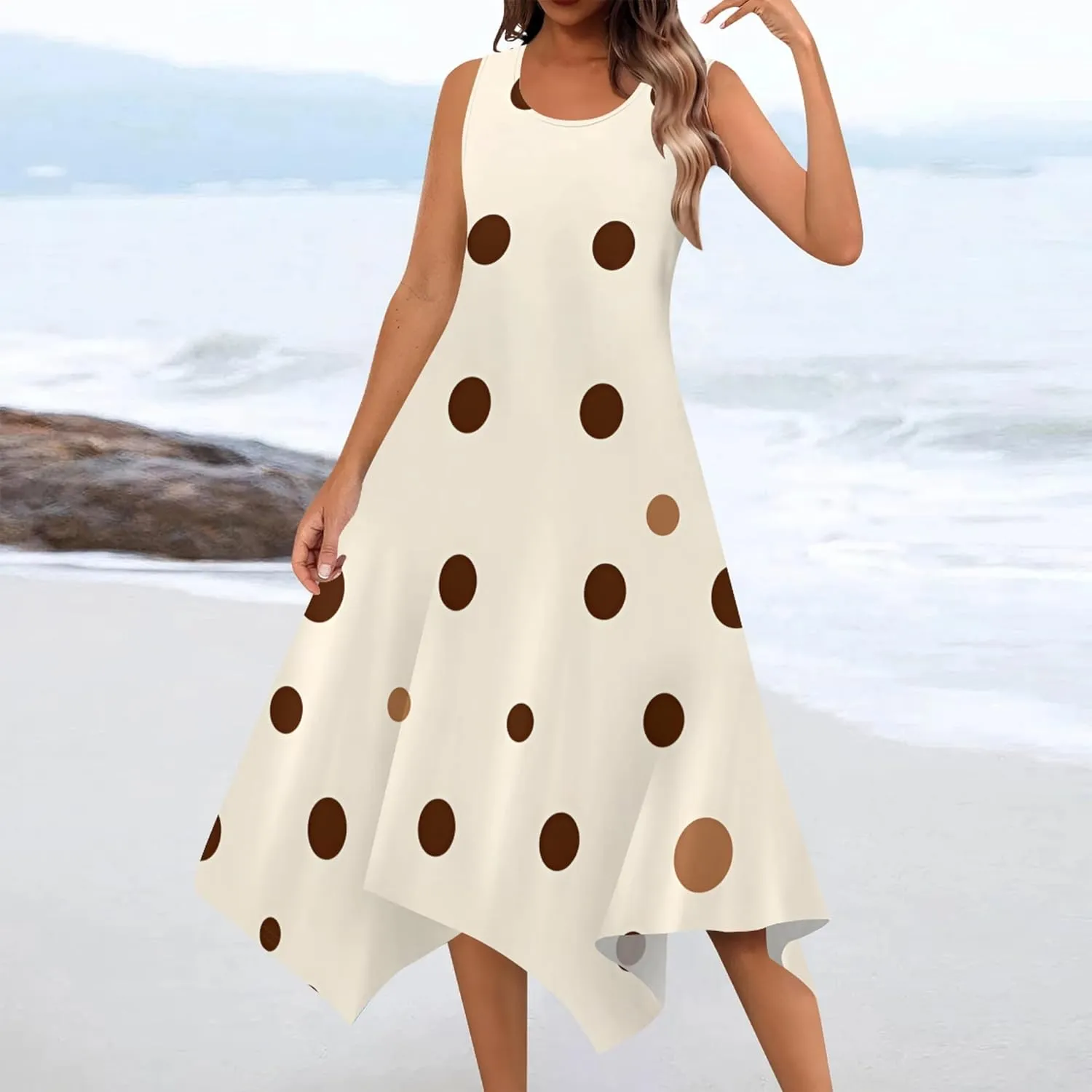 Women's Casual Summer Floral Print Midi Dress Sleeveless Swing Tank Sundress Pleated Tshirt Beach Cover Ups Dresses