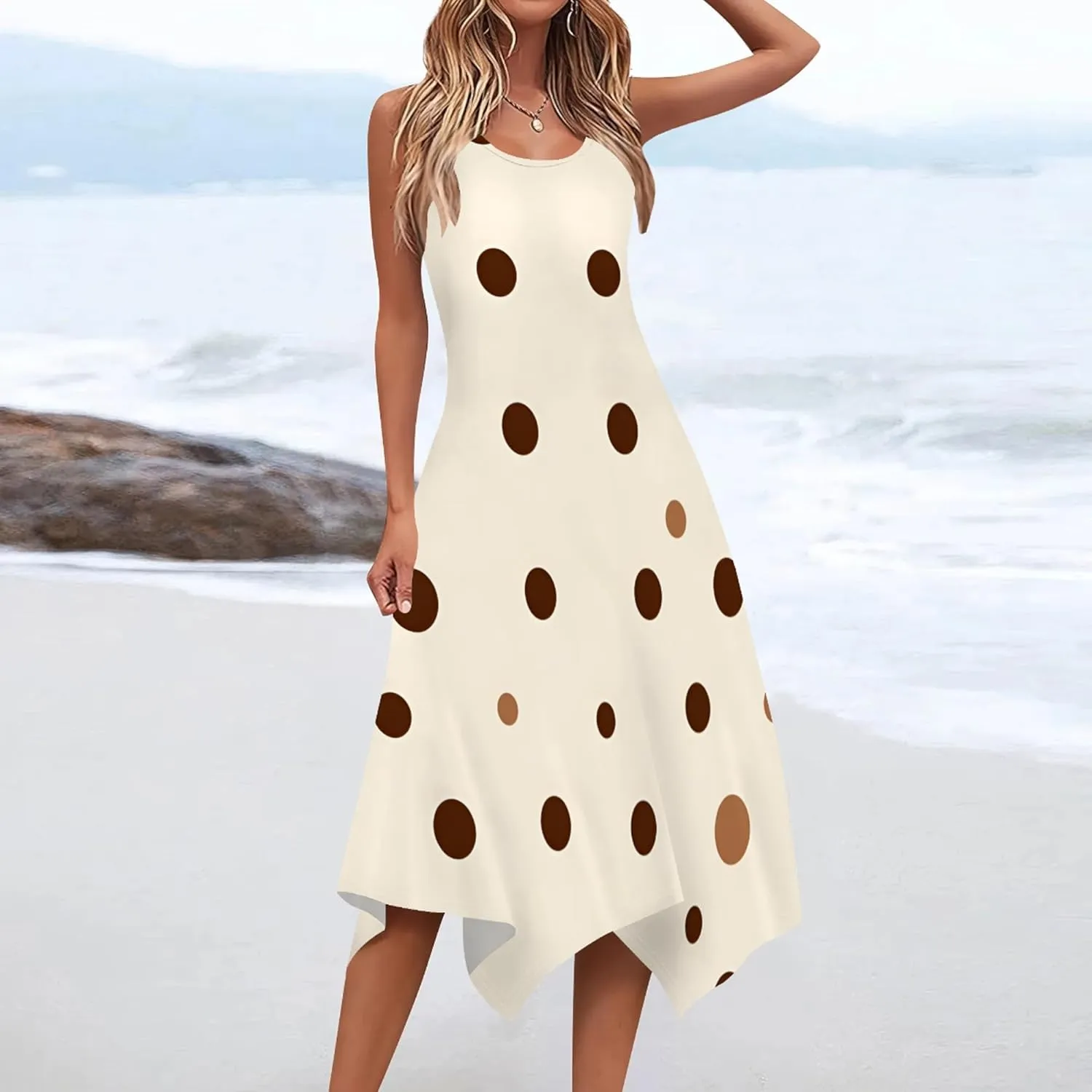Women's Casual Summer Floral Print Midi Dress Sleeveless Swing Tank Sundress Pleated Tshirt Beach Cover Ups Dresses
