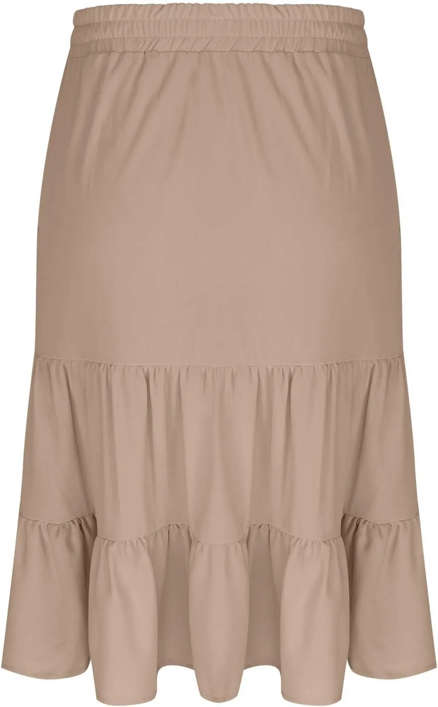 Womens Casual Summer Skirts Comfy Tiered Midi Skirt Elastic Waist A Line Flowy Skirts Trendy Beach Skirt with Pockets