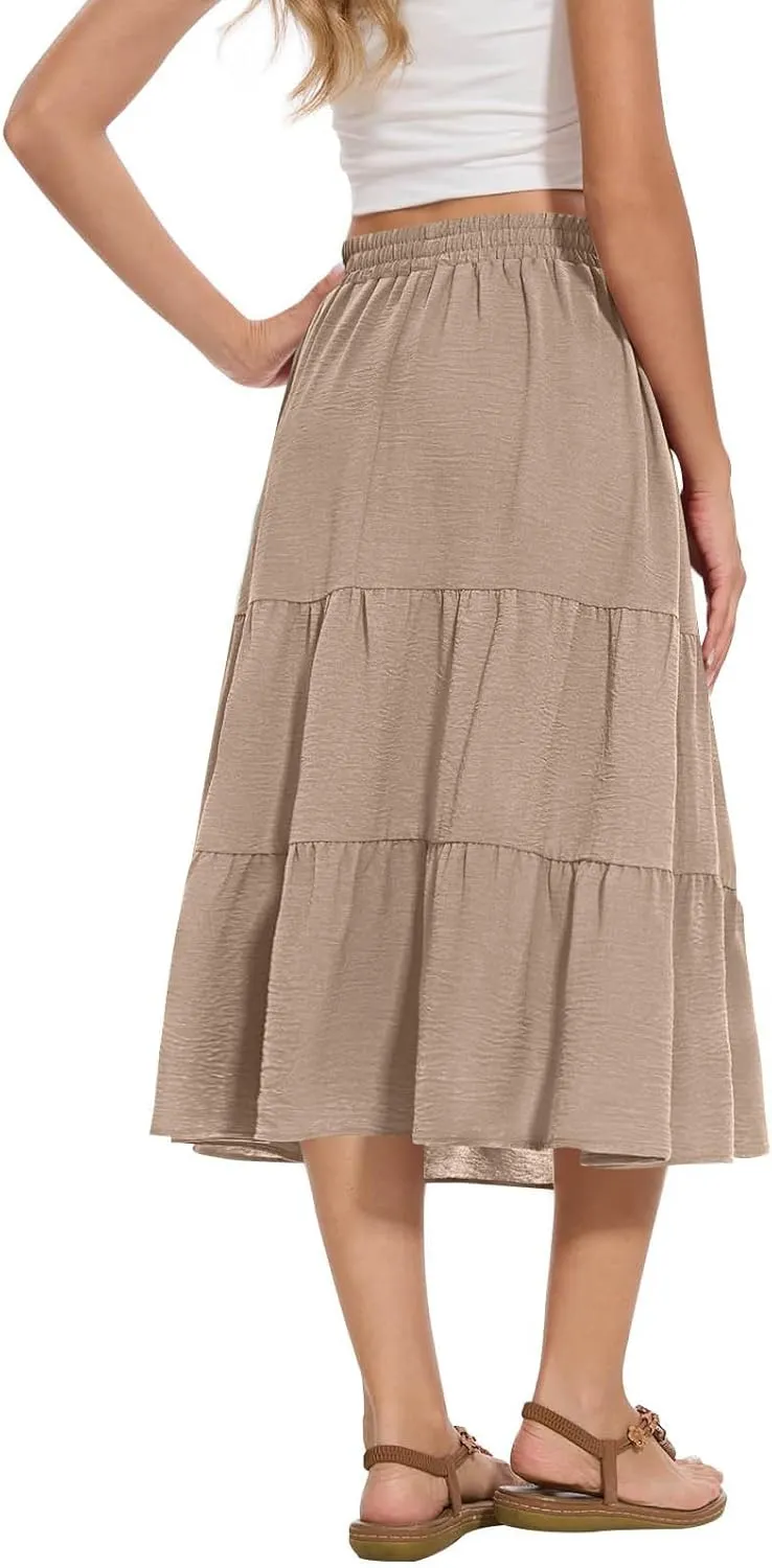 Womens Casual Summer Skirts Comfy Tiered Midi Skirt Elastic Waist A Line Flowy Skirts Trendy Beach Skirt with Pockets