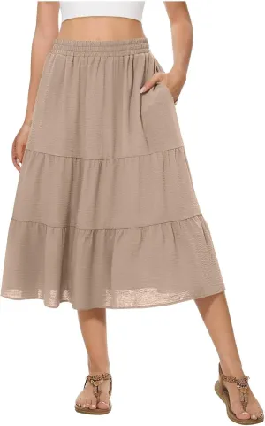 Womens Casual Summer Skirts Comfy Tiered Midi Skirt Elastic Waist A Line Flowy Skirts Trendy Beach Skirt with Pockets