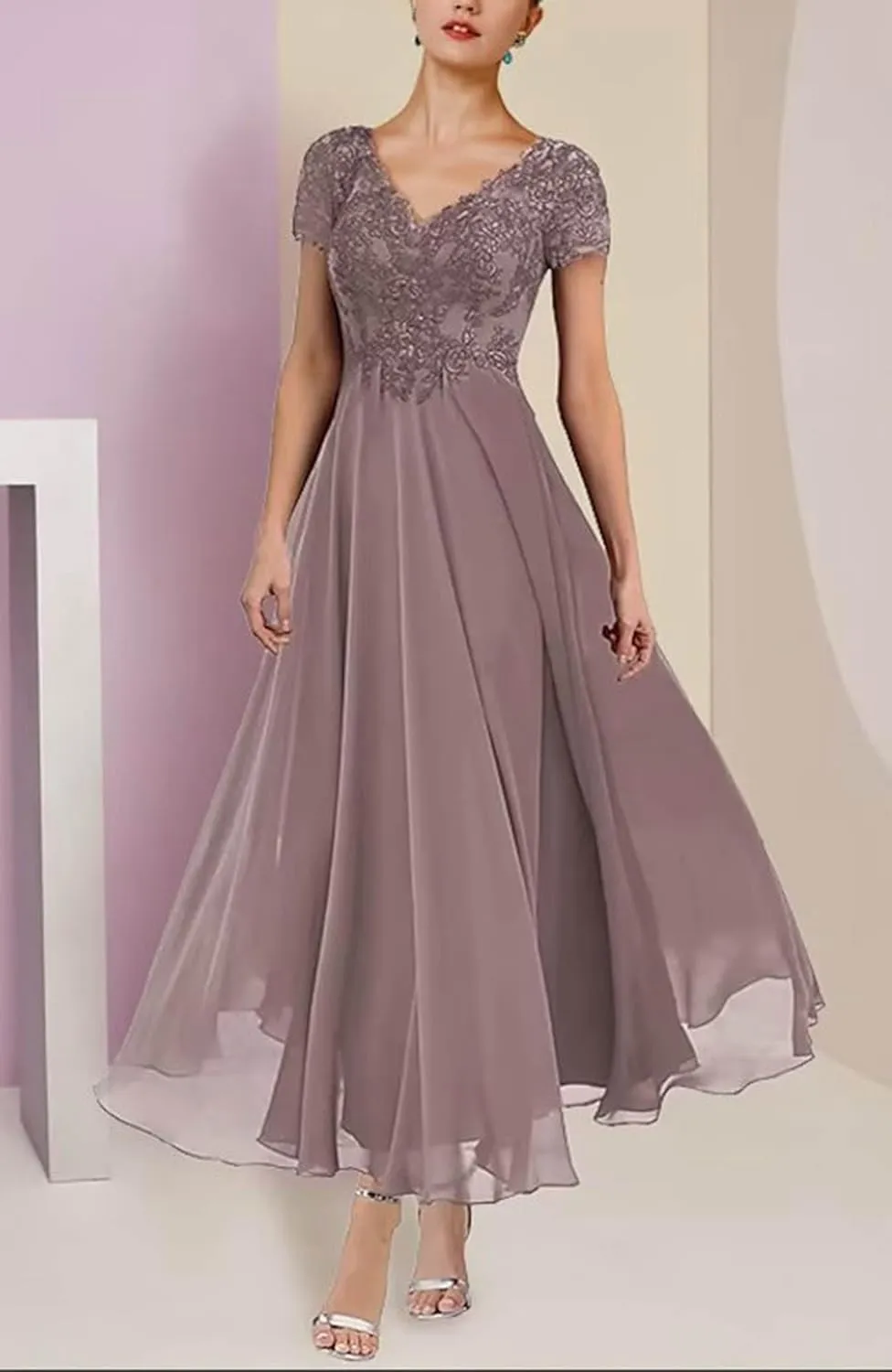 Women's Chiffon 2 Piece Mother of The Bride Dresses Tea Length Lace Applique A Line Formal Evening Dresses