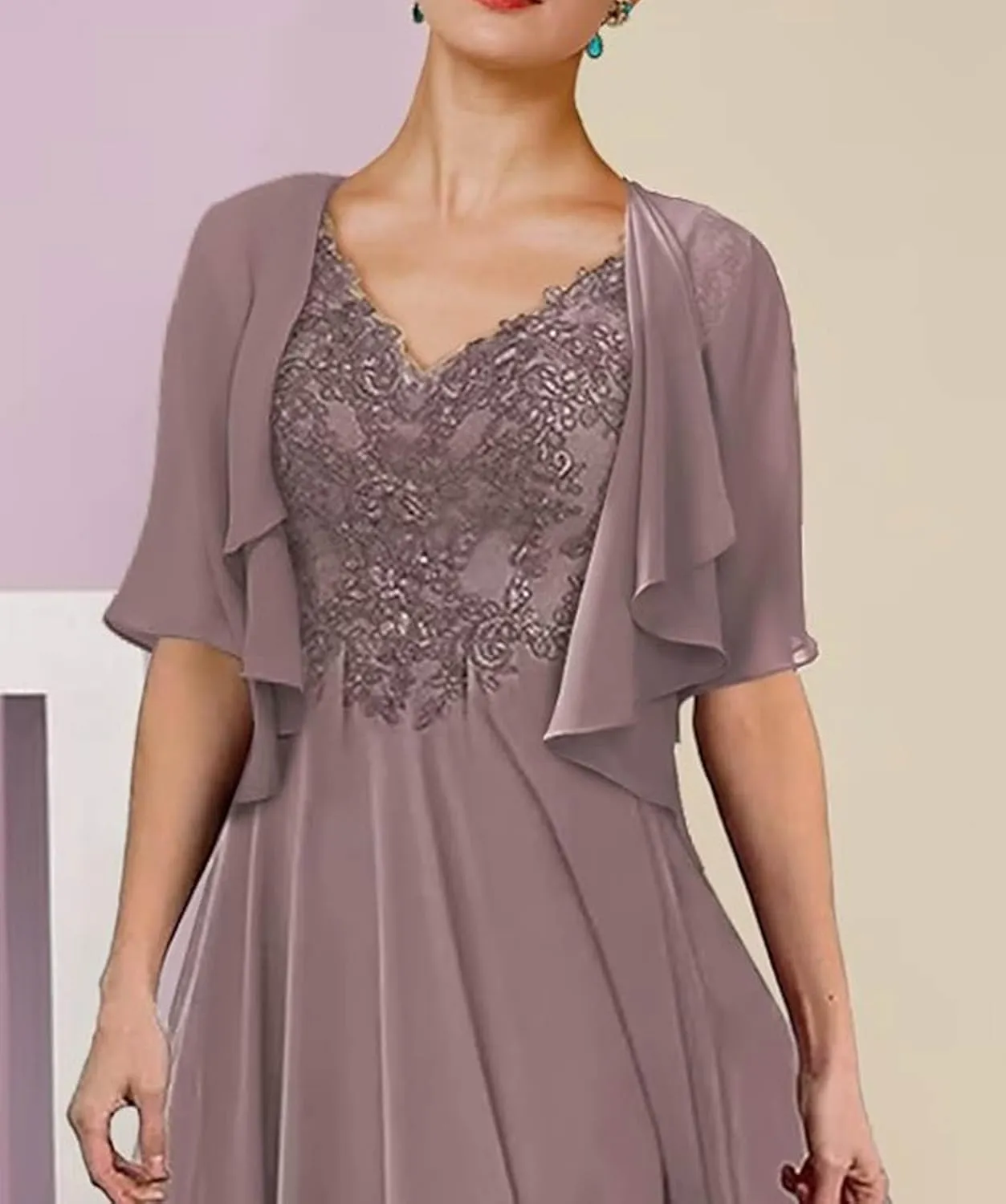 Women's Chiffon 2 Piece Mother of The Bride Dresses Tea Length Lace Applique A Line Formal Evening Dresses