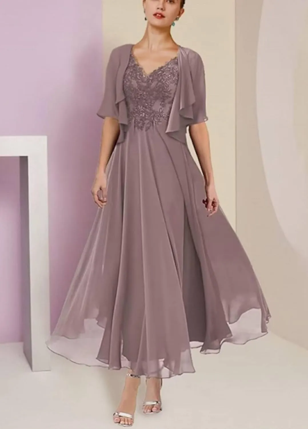 Women's Chiffon 2 Piece Mother of The Bride Dresses Tea Length Lace Applique A Line Formal Evening Dresses