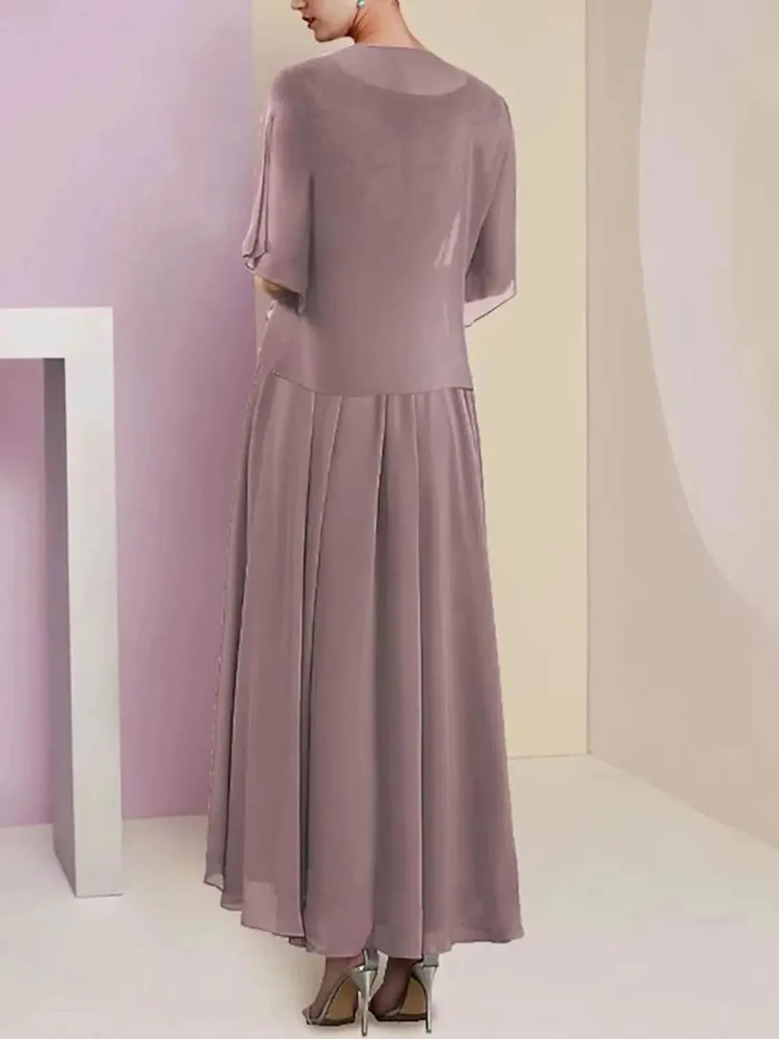 Women's Chiffon 2 Piece Mother of The Bride Dresses Tea Length Lace Applique A Line Formal Evening Dresses