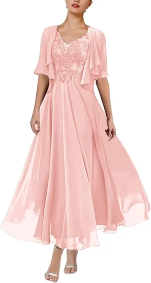 Women's Chiffon 2 Piece Mother of The Bride Dresses Tea Length Lace Applique A Line Formal Evening Dresses