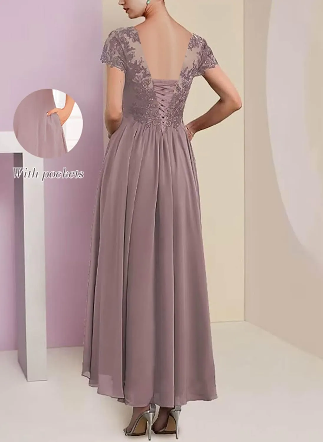 Women's Chiffon 2 Piece Mother of The Bride Dresses Tea Length Lace Applique A Line Formal Evening Dresses